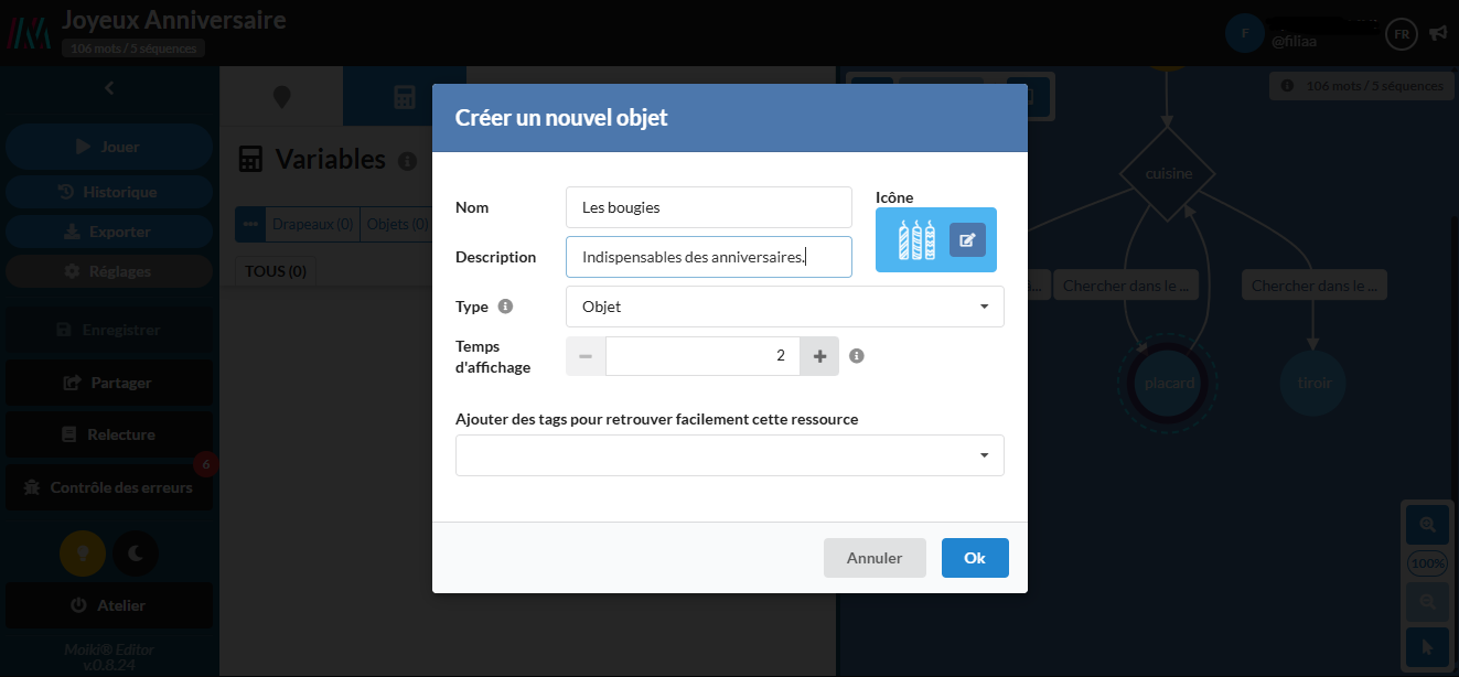 Capture d'écran : le pop up Créer un nouvel objet.