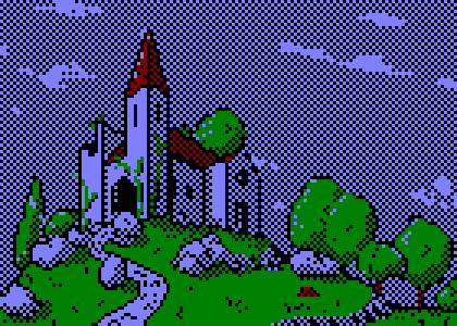 La version pixel art, en 4 couleurs, du croquis de l'église en ruines.