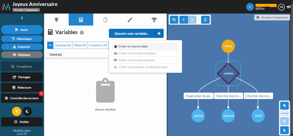 Capture d'écran de l'atelier Moiki présentant l'onglet Variables.