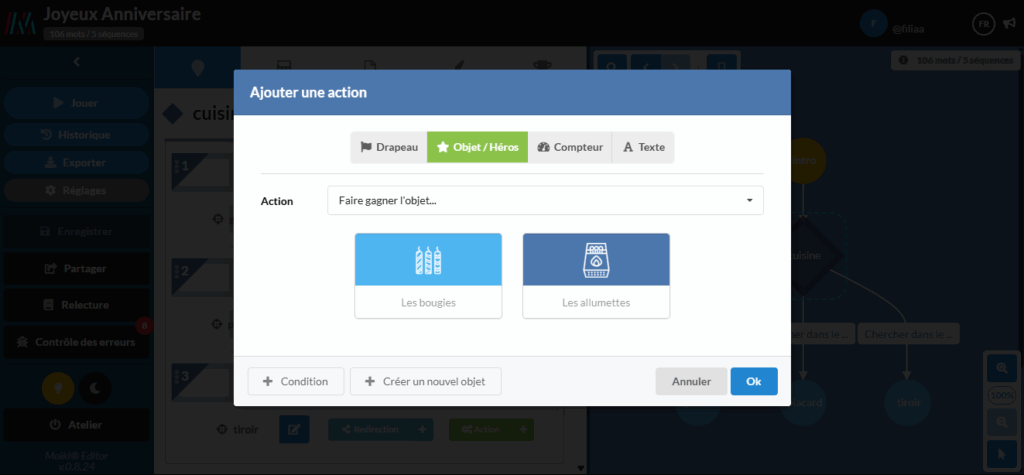 Capture d'écran, le pop-up ajouter une action de l'atelier Moiki