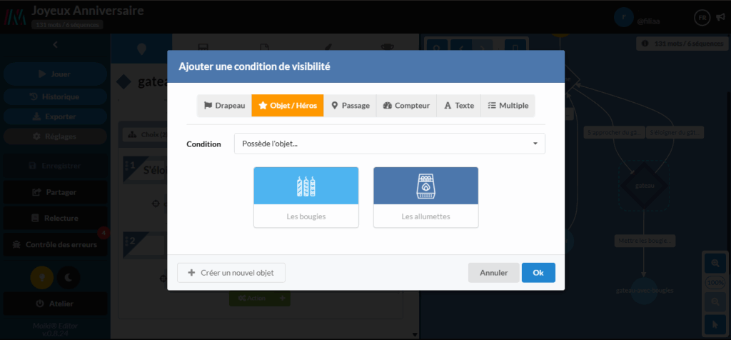 Capture d'écran du pop-up ajouter une condition de visibilité.