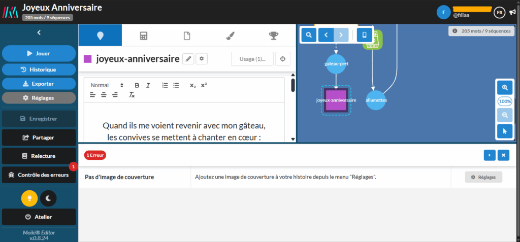 Capture d'écran de l'atelier Moiki, l'outil de Contrôle des erreurs est ouvert et liste une erreur.