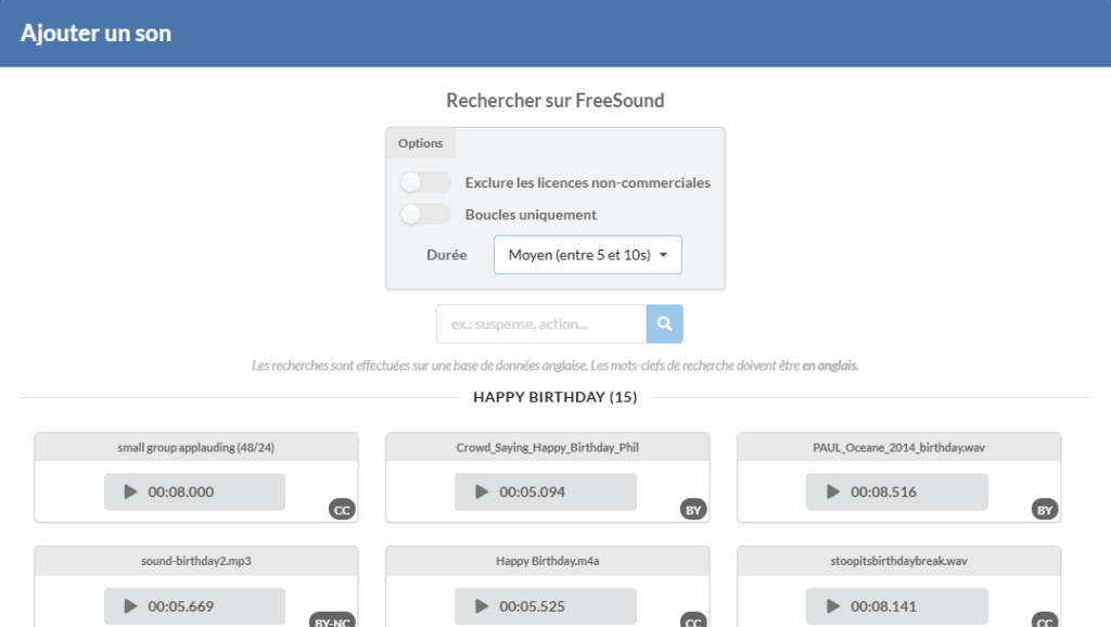 Capture d'écran du pop up Ajouter un son, j'ai choisi d'en rechercher un sur FreeSound