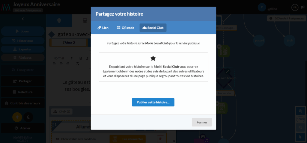Le pop-up "Partager votre histoire", ouvert à l'onglet Social Club.