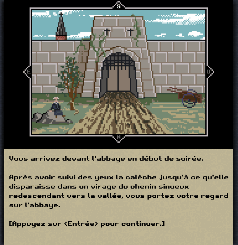 Scène d'ouverture d'Oremus. Une image en pixel art de la porte (fermée) de l'abbaye occupe le haut de l'écran, un texte décrit la situation en dessous.