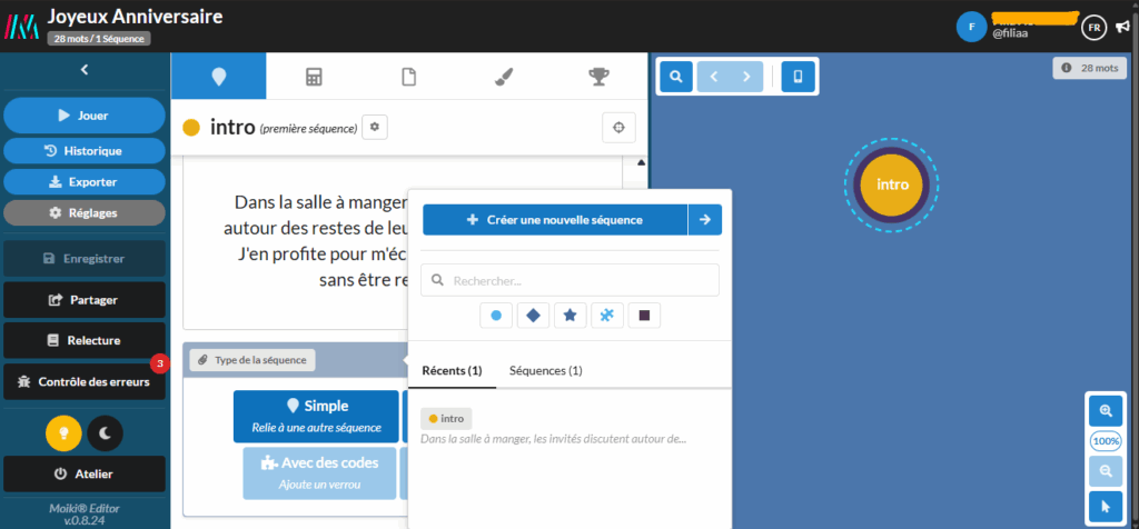 Capture d'écran de l'atelier Moiki, en cliquant sur le bouton de type de séquence Simple, une fenêtre pop-up s'est ouverte.