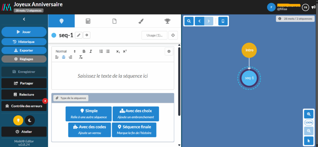 Capture d'écran de l'atelier Moiki, la deuxième séquence est sélectionnée.