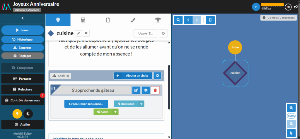 Capture d'écran de l'atelier Moiki, un premier choix est ajouté à la deuxième séquence.