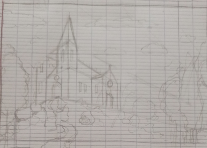 Un croquis préparatoire au crayon de papier représentant une église en ruines en haut d'une colline.