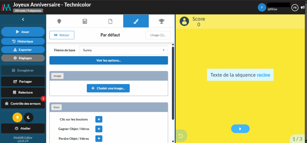Capture d'écran de l'atelier Moiki, page de modification du thème Par défaut