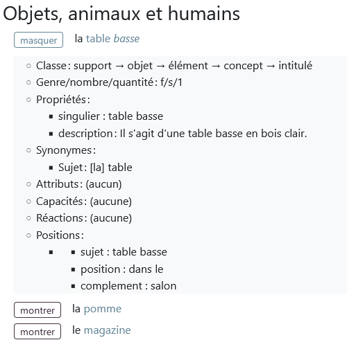 Affichage des caractéristiques de l'objet table basse via l'onglet "éléments du donjon"