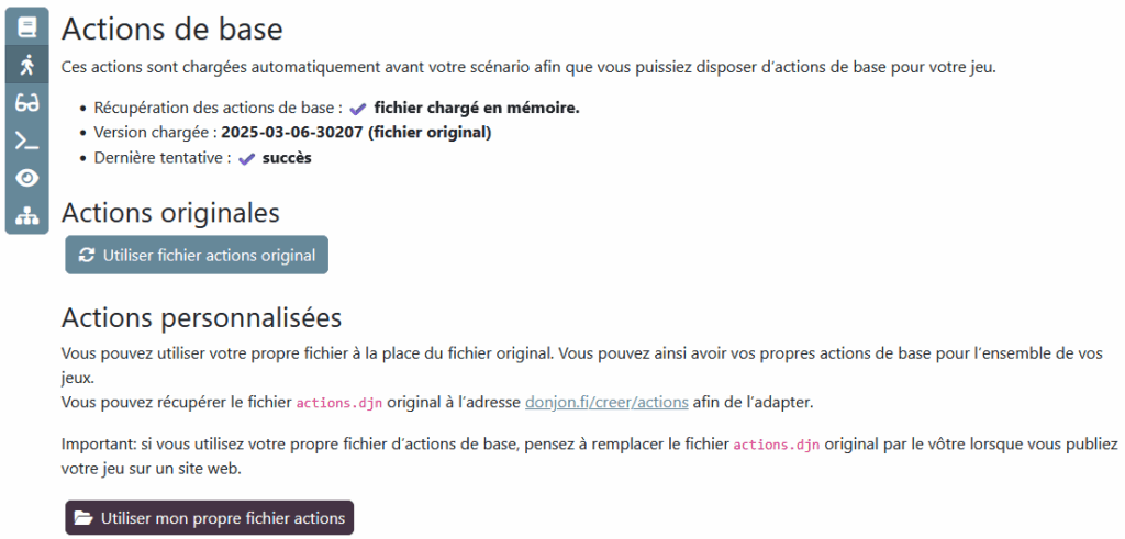 Onglet permettant de voir la version utilisée pour les actions de base et de les surcharger