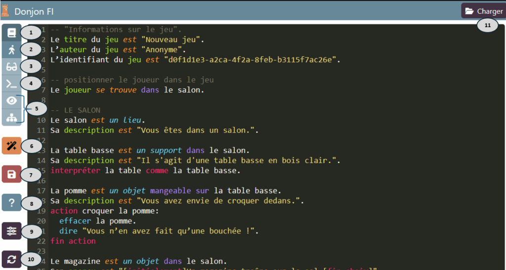 Éditeur de Donjon FI avec une numérotation des différents menus