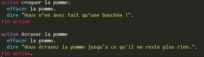Exemple d'actions dans l'éditeur avec une bonne et une mauvaise coloration syntaxique