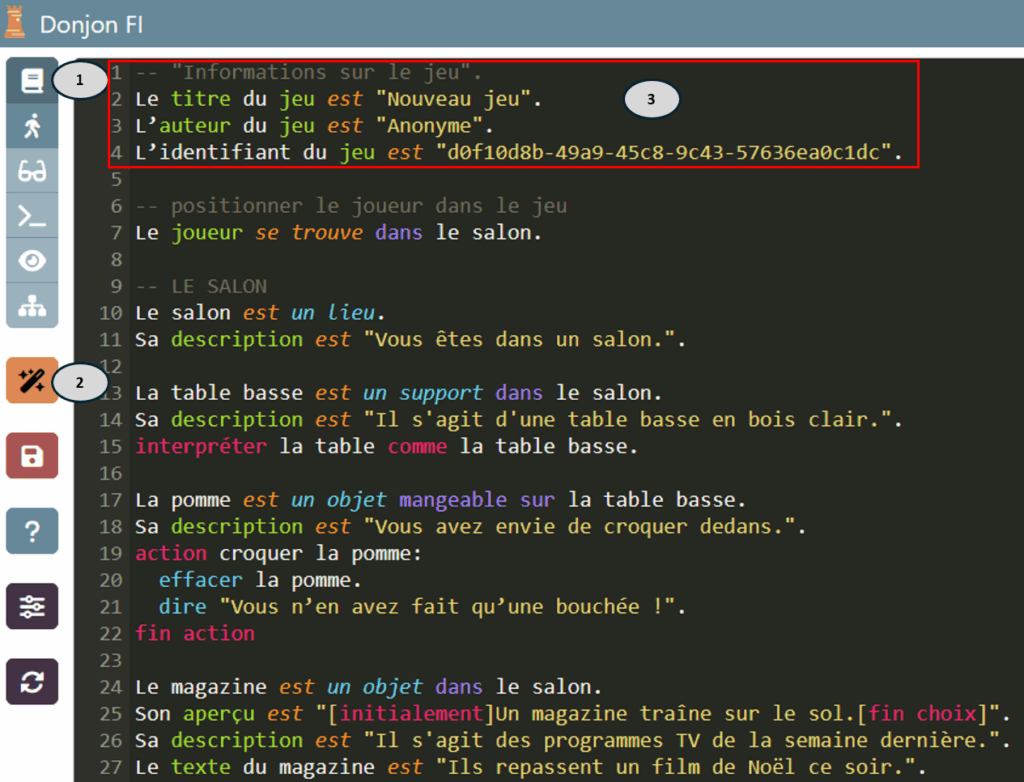 Éditeur de Donjon FI avec une numérotation pour le bouton d'accès à l'éditeur, le bouton de compilation et les premières lignes du code qui seront à conserver.